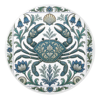 Bouton De Porte En Céramique Crabe Magnifique Vintage Orné Vie Océanique