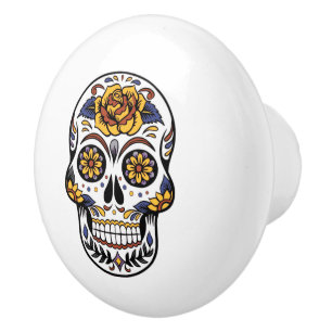 Bouton De Porte En Céramique Crâne à sucre rose jaune