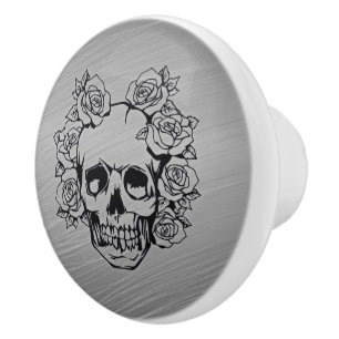 Bouton De Porte En Céramique crâne avec des roses