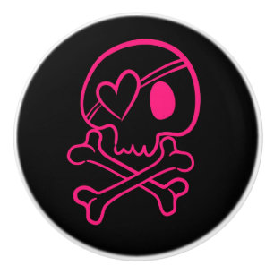 Bouton De Porte En Céramique Crâne de coeur rose et os croisés