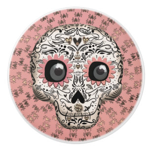 Bouton De Porte En Céramique Crâne de sucre rose et or et cœurs fantaisistes mi