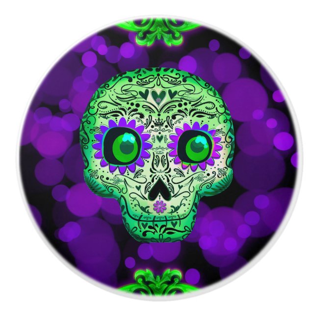 Bouton De Porte En Céramique Crâne de sucre vert et violet brillant Halloween (Devant)
