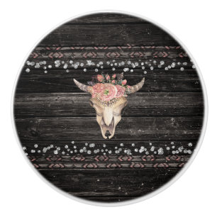 Bouton De Porte En Céramique Crâne de vache florale rustique boho chic glamour
