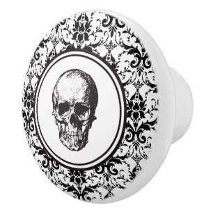 Bouton De Porte En Céramique Crâne élégant vintage gothique damassé noir
