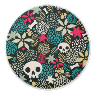 Bouton De Porte En Céramique Crâne en fleurs