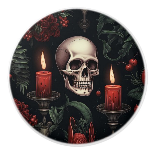 Bouton De Porte En Céramique Crâne gothique et bougies (Devant)