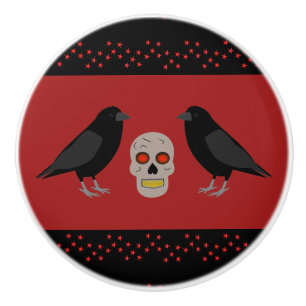 Bouton De Porte En Céramique Crâne gothique et corbeaux gardiens Halloween