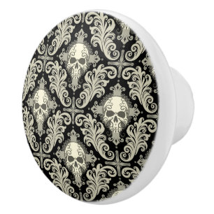 Bouton De Porte En Céramique Crânes et motif de croix noir et crème de damass