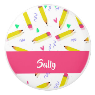 Bouton De Porte En Céramique Crayons et rayures jaunes sur blanc