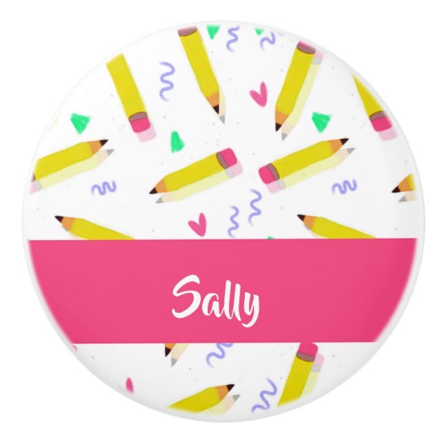 Bouton De Porte En Céramique Crayons et rayures jaunes sur blanc (Devant)