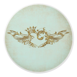 Bouton De Porte En Céramique Crème Aqua Coeur ailé vintage
