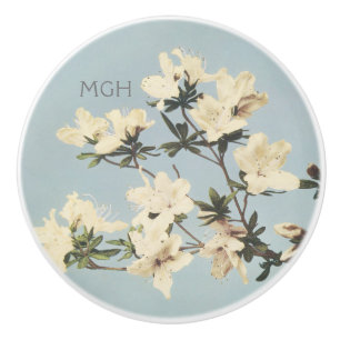Bouton De Porte En Céramique Crème Azalea Fleurs Monogramme