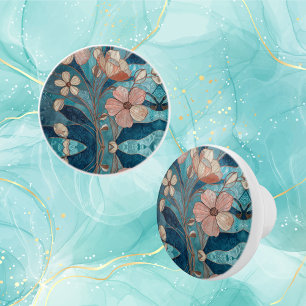 Bouton De Porte En Céramique Crème Cuivre Bleu Sarcelle Floral