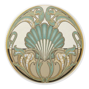 Bouton De Porte En Céramique Crème de coquillage vert et or Art Déco Nouveau Sh