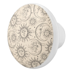 Bouton De Porte En Céramique Crème d'Ivoire Magie Vintage Soleil Céleste Lune É