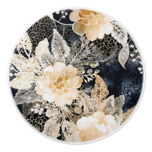 Bouton De Porte En Céramique Crème d'or noir Leopard Floral