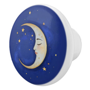 Bouton De Porte En Céramique Crescent Céleste Lune avec Face Or Bleu foncé
