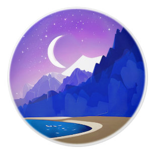 Bouton De Porte En Céramique Crescent Moon, Lac et Montagnes en Violet & Bleu