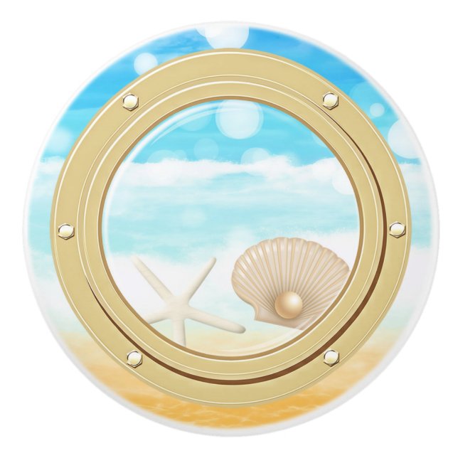 Bouton De Porte En Céramique Croisière Tropicale de Plage Hublot & Coquillages (Devant)