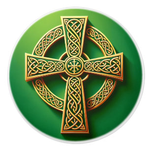 Bouton De Porte En Céramique Croix celtique d'or sur vert