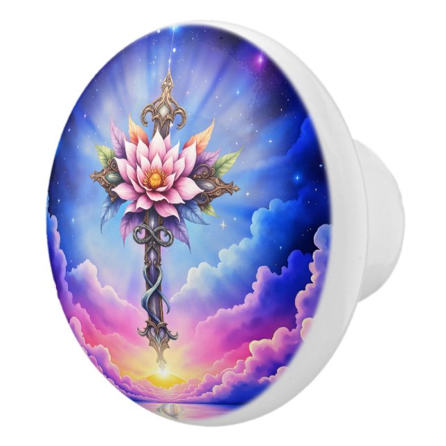 Bouton De Porte En Céramique Croix de Lotus Céleste  (Droite)