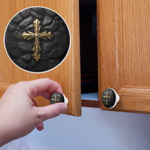 Bouton De Porte En Céramique Croix Or sur Fond Noir