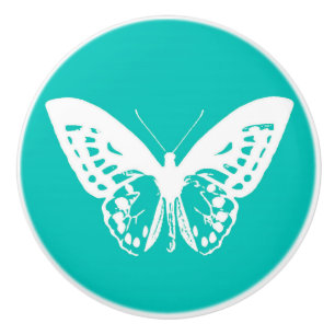 Bouton De Porte En Céramique Croquis de papillon, bleu turquoise et blanc