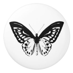 Bouton De Porte En Céramique Croquis de papillon, noir et blanc