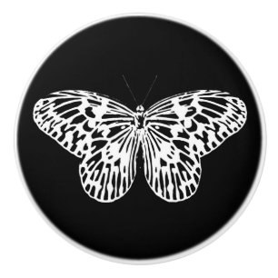 Bouton De Porte En Céramique Croquis papillon, blanc et noir