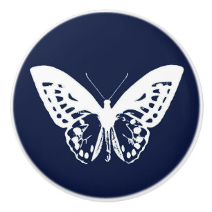 Bouton De Porte En Céramique Croquis papillon, bleu marine et blanc