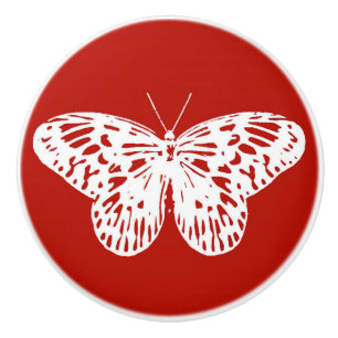 Bouton De Porte En Céramique Croquis papillon, rouge et blanc foncé
