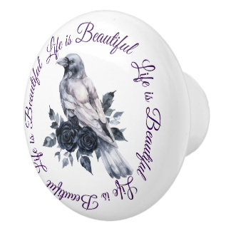 Bouton De Porte En Céramique Crow Bird Black Roses Script Nature