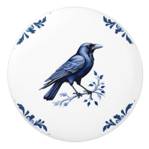 Bouton De Porte En Céramique Crow Bird Delft Blue et White Floral Corners