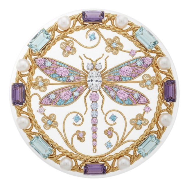 Bouton De Porte En Céramique Crystal Dragonfly with faux 2D graphic gemstones (Devant)