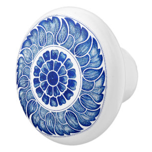 Bouton De Porte En Céramique Cuisine vintage bleue et blanche Motif fleur chino