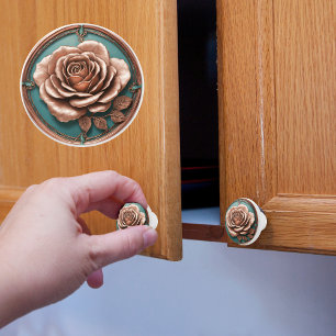 Bouton De Porte En Céramique Cuivre et Rose Turquois