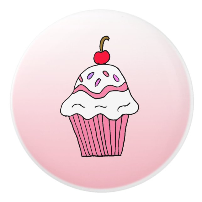 Bouton De Porte En Céramique Cupcake Whimsical rose avec cerise sur le dessus (Devant)