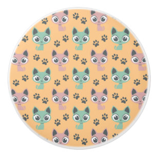 Bouton De Porte En Céramique Cute Adorable Kitten Gros yeux Chat Paw Motif