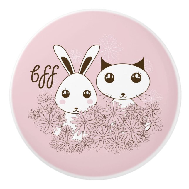Bouton De Porte En Céramique Cute Animal Friends Pink Girls Room (Devant)
