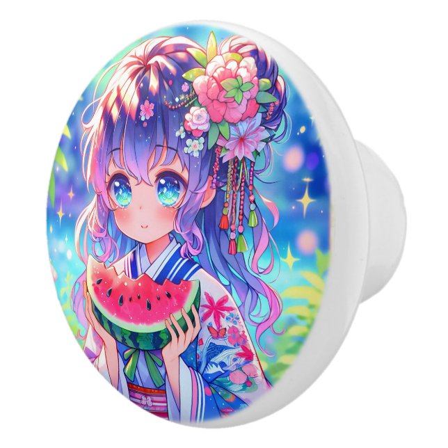 Bouton De Porte En Céramique Cute Anime Girl Manger Watermelon sur une journée  (Droite)