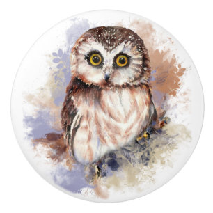Bouton De Porte En Céramique Cute Aquarelle Chouette Oiseau Art de la nature