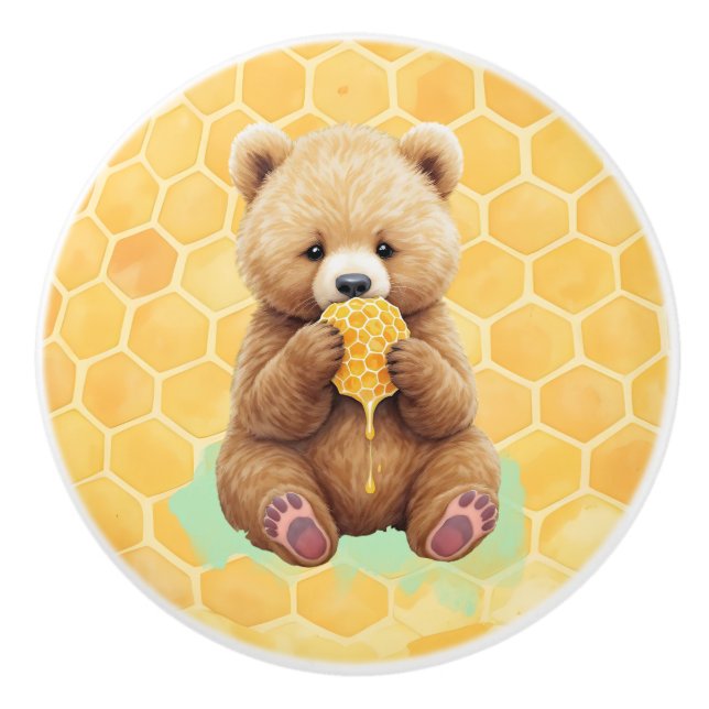 Bouton De Porte En Céramique Cute Baby Bear Cup eating Honey (Devant)