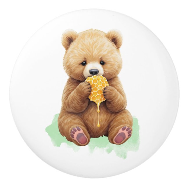 Bouton De Porte En Céramique Cute Baby Bear Cup eating Honey (Devant)