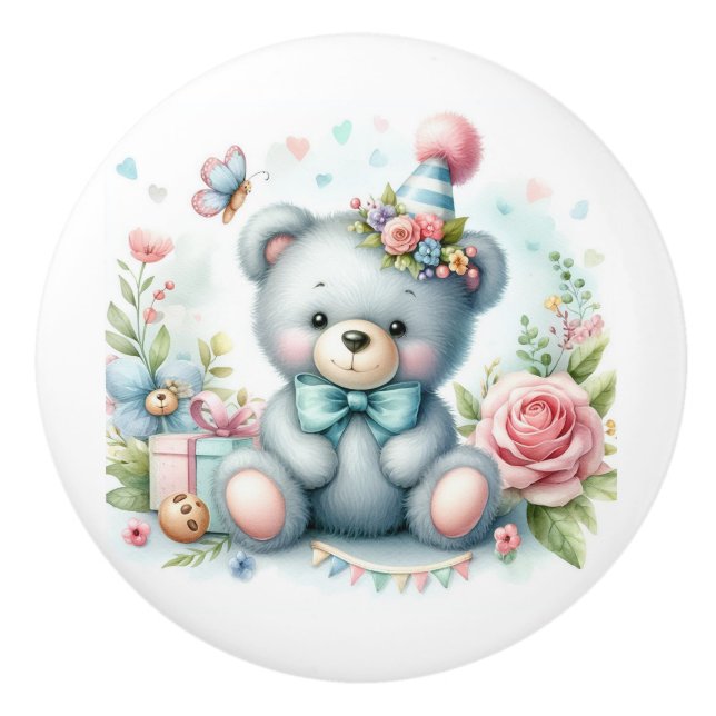 Bouton De Porte En Céramique Cute Blue Teddy Bear Rose Roses Bébé Chambre (Devant)
