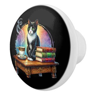 Bouton De Porte En Céramique Cute cat book nook library reading lovers 