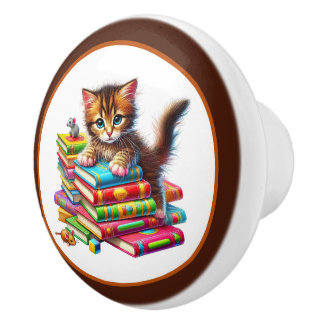 Bouton De Porte En Céramique Cute cat book nook library reading lovers 