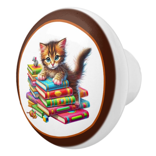 Bouton De Porte En Céramique Cute cat book nook library reading lovers  (Droite)