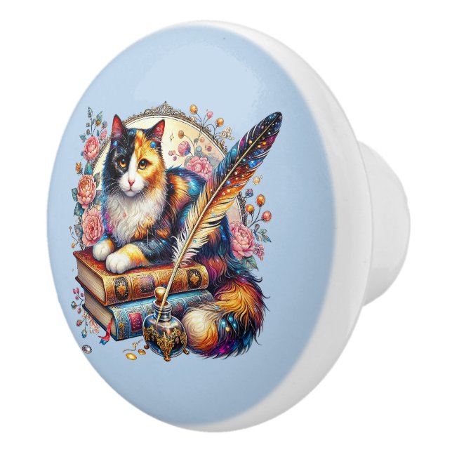 Bouton De Porte En Céramique Cute cat book nook library reading lovers  (Droite)