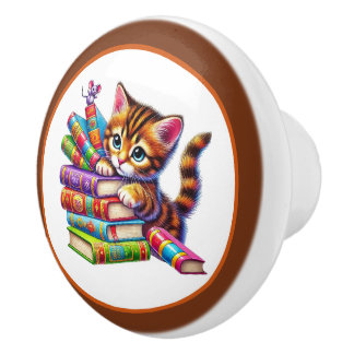 Bouton De Porte En Céramique Cute cat book nook library reading lovers