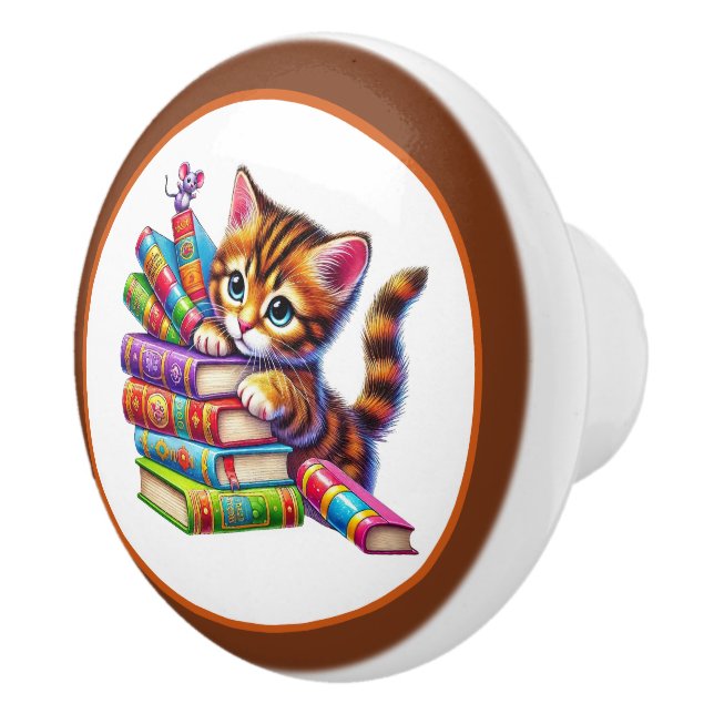 Bouton De Porte En Céramique Cute cat book nook library reading lovers (Droite)